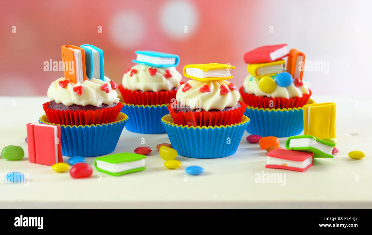 Bright Colorful Back To School Theme Cupcakes With Candy Sugar Art