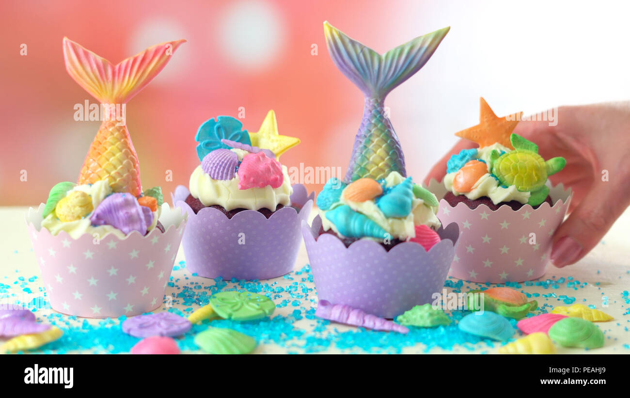 Mermaid Theme Cupcakes With Colorful Glitter Tails Shells And Sea