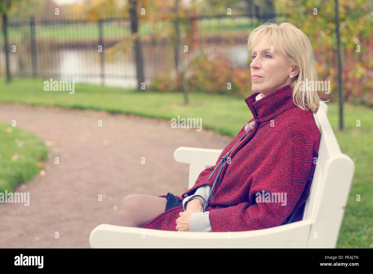Senior citizen sitting on a park bench in autumn hi-res stock ...