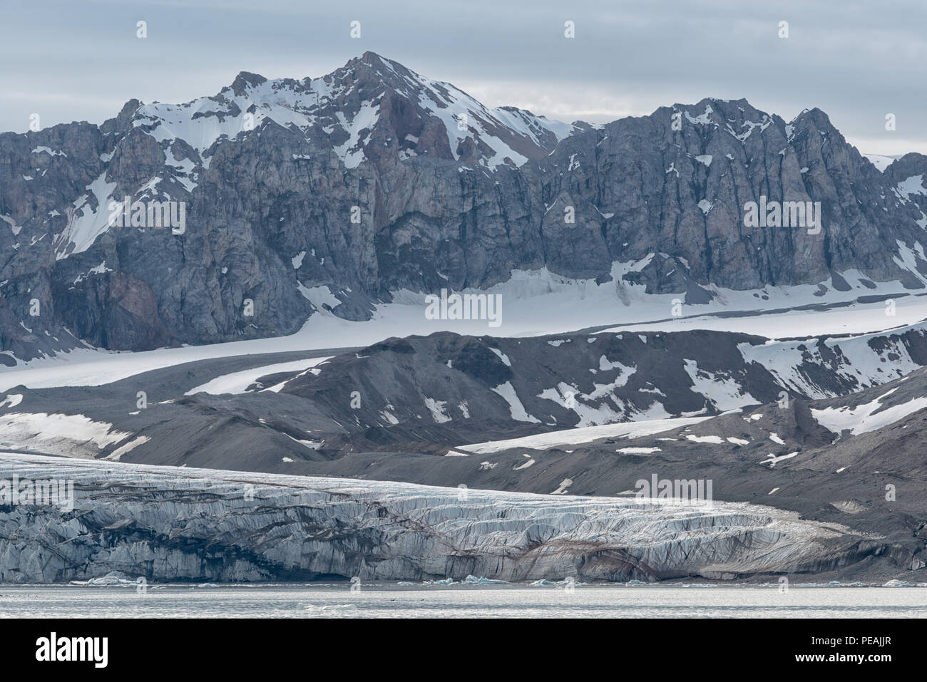Fjortende Julibreen and Krossfjorden, Spitsbergen, Svalbard, Norway Stock Photo