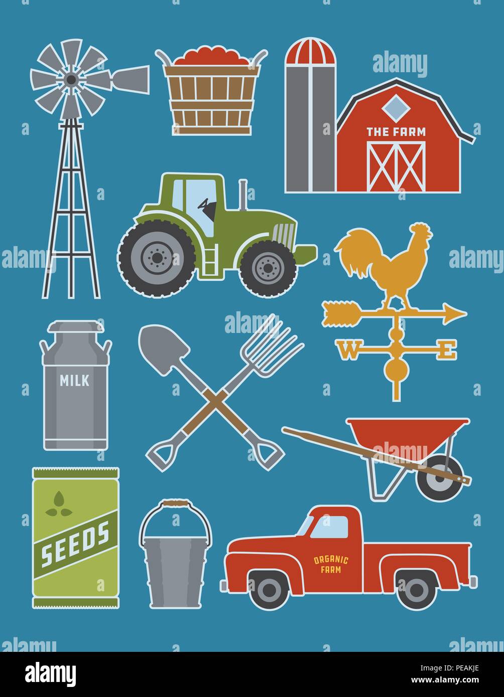 Set of 11 detailed farm icon illustrations. Realistic and highly detailed silhouette illustrations of farm tools, buildings and vehicles. Stock Vector