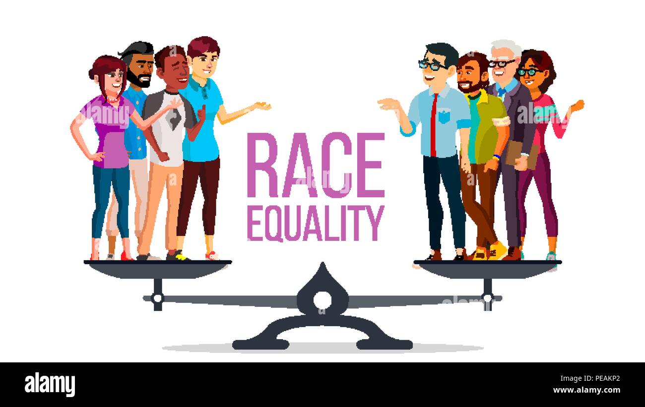 Race Equality Vector. Standing On Scales. Equal Opportunity. No Racism. Different Race Together