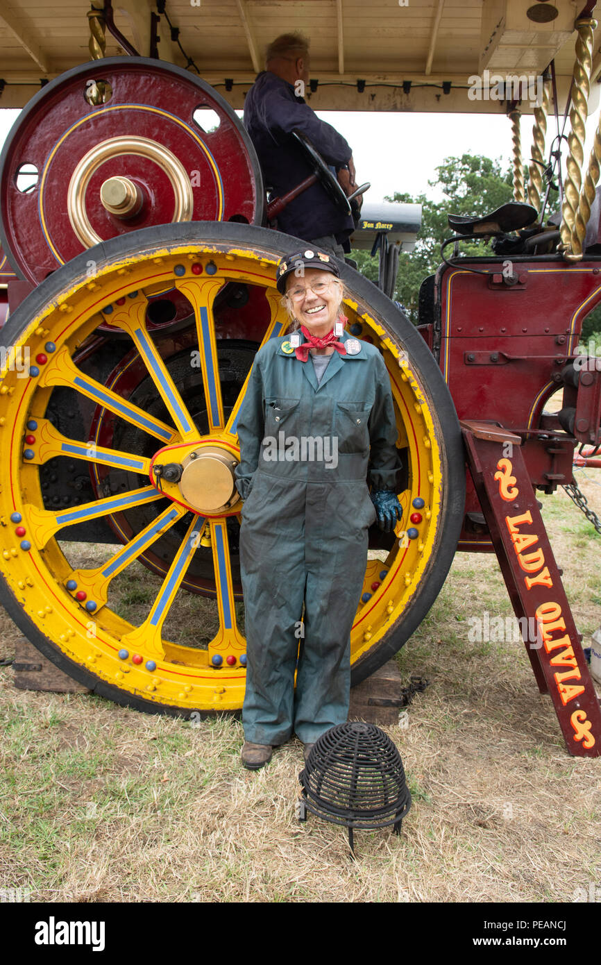 Traction engine and owner at the Ellingham and Ringwood Agricultural Society Show, Hampshire, UK Stock Photo
