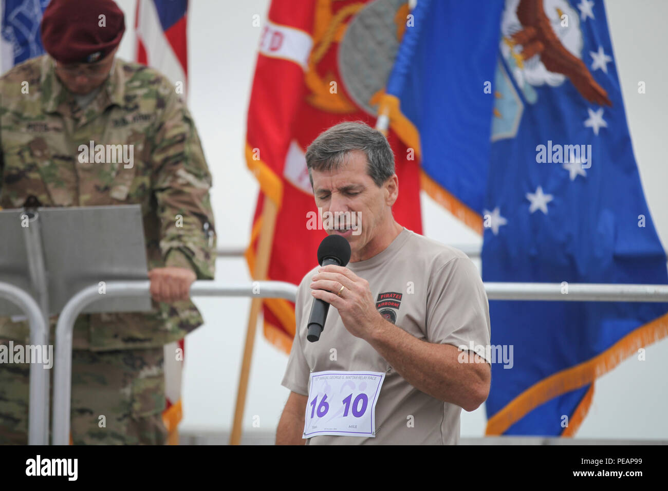 The indoctrination is given before the 35th Annual Mattar Relay, MacDill Air Force Base, Tampa, Fla., Nov. 20, 2015. U.S. Lt. Col. George Mattar, a Citadel alumni and former Joint Communications Support Element (JCSE) commander, was killed on Jan. 13, 1982, when his flight, Florida Airlines No. 90, crashed into the waters of the Potomac River. Aboard this flight were 74 passengers, of which only six survived. Also killed were Maj. Ralph Herman, JCSE's Chief of Operations, and Sergeant Major James Dixon. In commemoration, JCSE sponsors an annual 14-mile relay race for all military units, DOD em Stock Photo