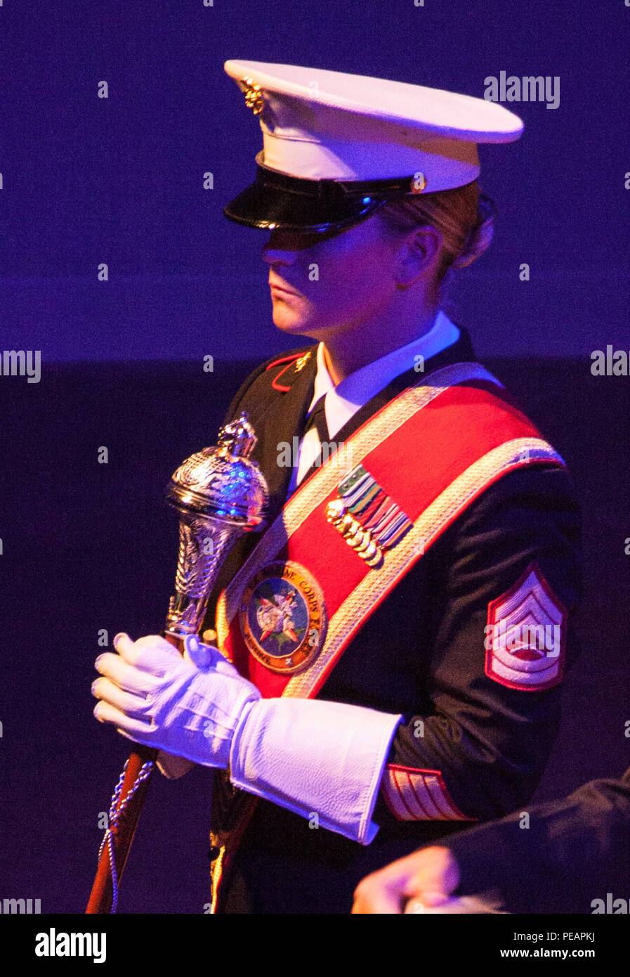 U.S. Marine Gunnery Sgt. Stacie Beebe, Drum Major, with Marine Corps Band New Orleans performs for the celebration of the 240th Marine Corps Birthday Ball at Mardi Gras World, New Orleans, La., Nov. 21, 2015. This year’s celebration honors those past, present, and future Marines throughout history and marks the 240th Marine Corps Birthday since its founding on Nov. 10, 1775. (U.S. Marine Corps photo by Kimberly Aguirre/Released) Stock Photo