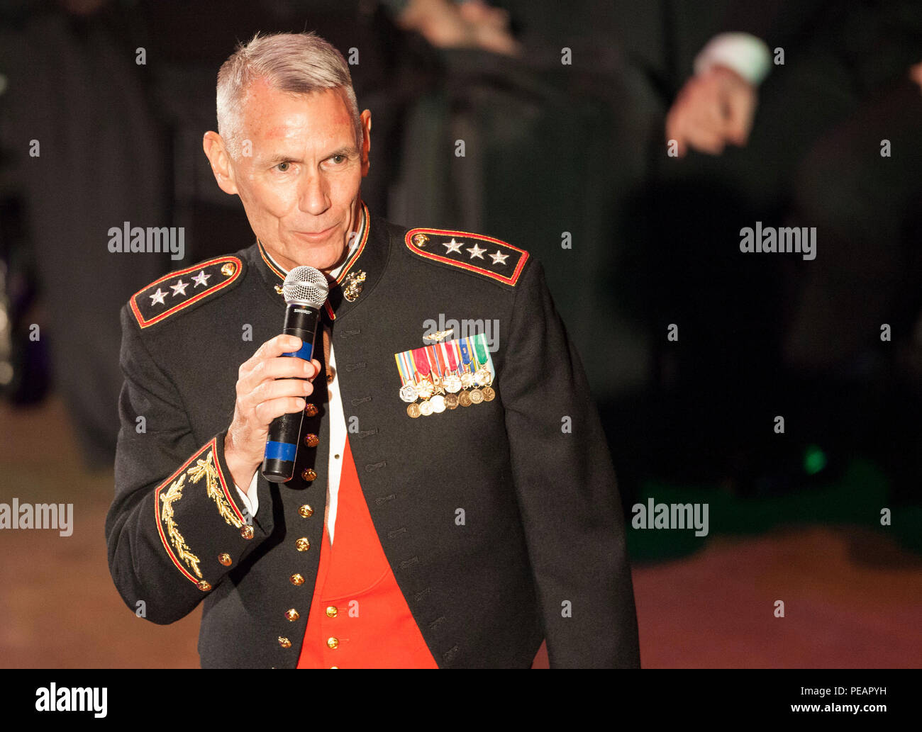 U.S. Marine Lt. Gen. Rex C. McMillian, Commander of Marine Forces Reserve and Marine Forces North, gives a speech during the celebration of the 240th U.S. Marine Corps Birthday Ball at Mardi Gras World, New Orleans, La., Nov 21, 2015. This year’s celebration honors those past, present, and future Marines throughout history and marks the 240th Marine Corps Birthday since its founding on Nov. 10, 1775. (U.S. Marine Corps photo by Kimberly Aguirre/Released) Stock Photo