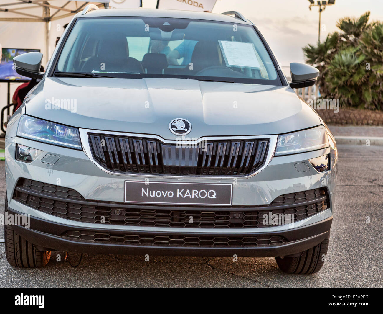 Rome,Italy - July 21, 2018:On occasion of  Rome s Rally event, the motor showrooms exhibit new cars models: A new KAROQ car from Skoda automaker. Stock Photo