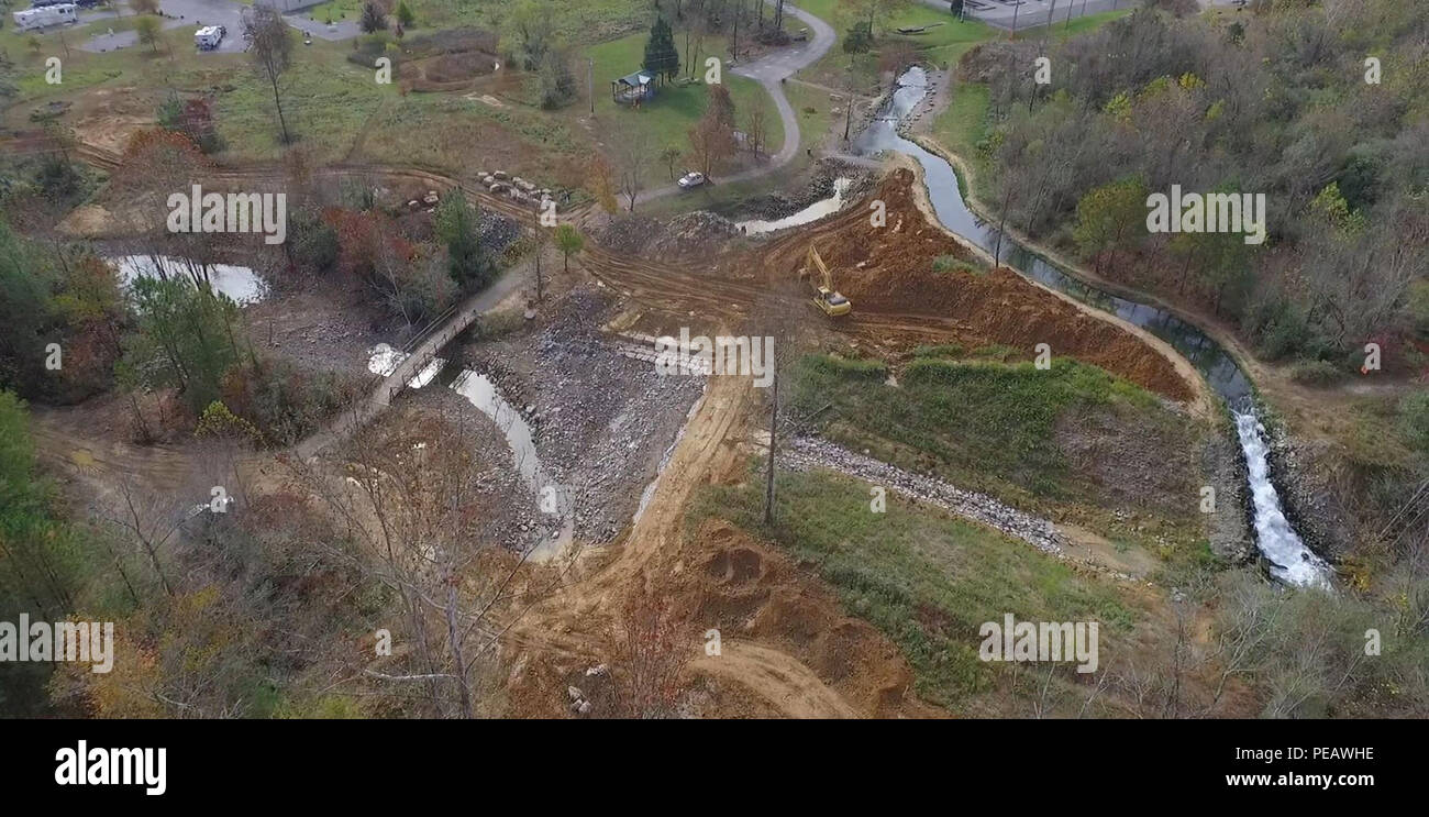 An aerial view of Hatchery Creek construction in the final phase, the