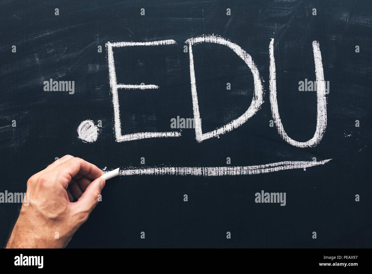 Edu internet domain for educational institutions, conceptual image of text written in chalk on school blackboard Stock Photo