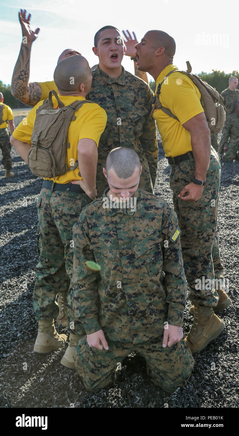 Drill instructors of Fox Company, 2nd Recruit Training Battalion, yell at a recruit for not