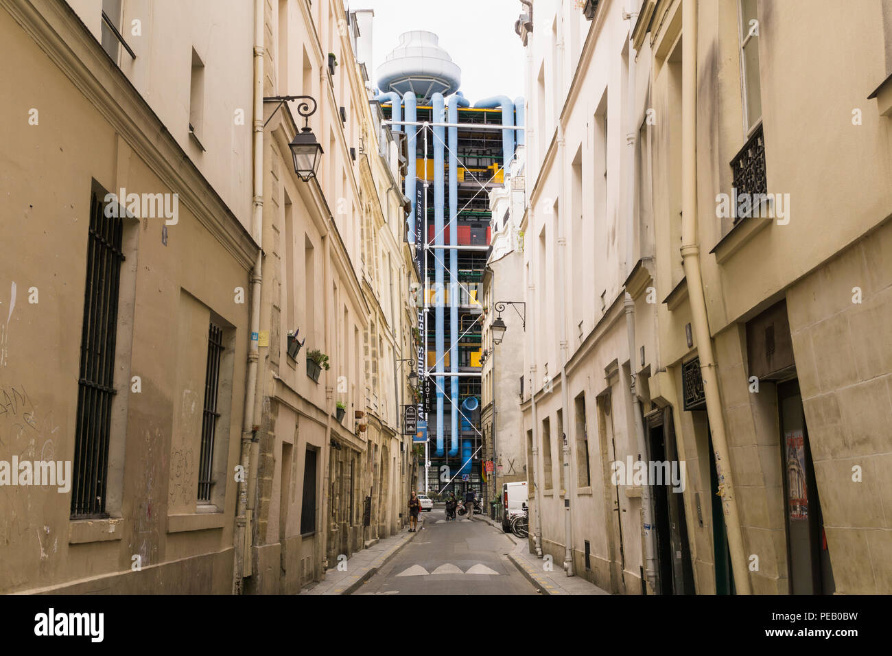 Centre Pompidou seen from a narrow street Rue Simon le Franc in Marais, Paris. France. Stock Photo