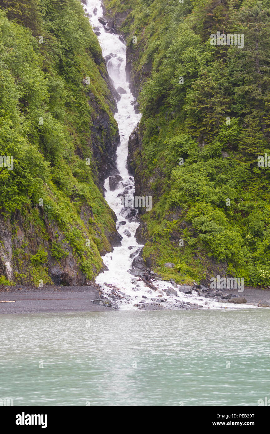 Tall thin waterfalls in Keystone Canyon on the Richardson Highway in Valdez Alaska Stock Photo