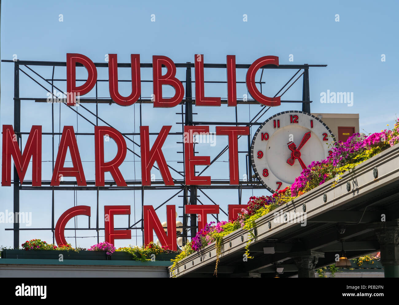 Public Market Center Sign at Pike's Place in Seattle Washington. Stock Photo