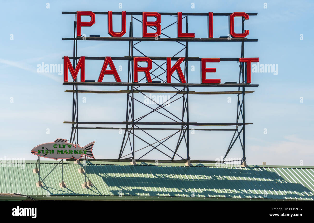 Public Fish Market Neon Sign at Pike's Place in Seattle, Washington. Stock Photo