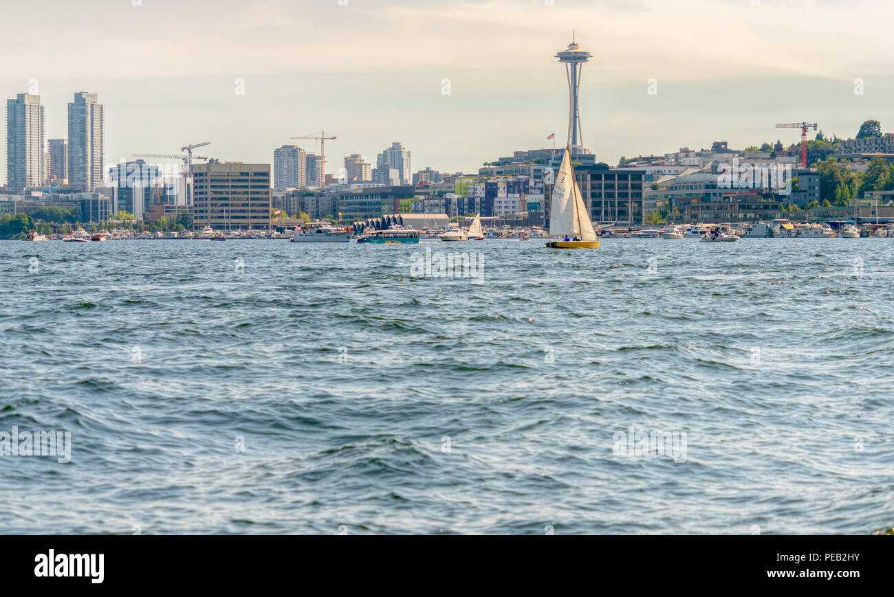 Seattle city skyline with Space Needle from a boat on Lake Union
