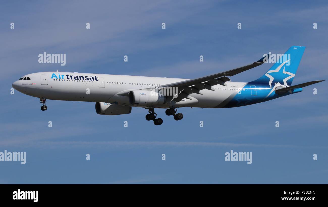 Air Transat Airbus A330 C-GTSO in New colour scheme on short finals for runway 26L at London Gatwick, LGW EGKK on Saturday 11th August 201 Stock Photo