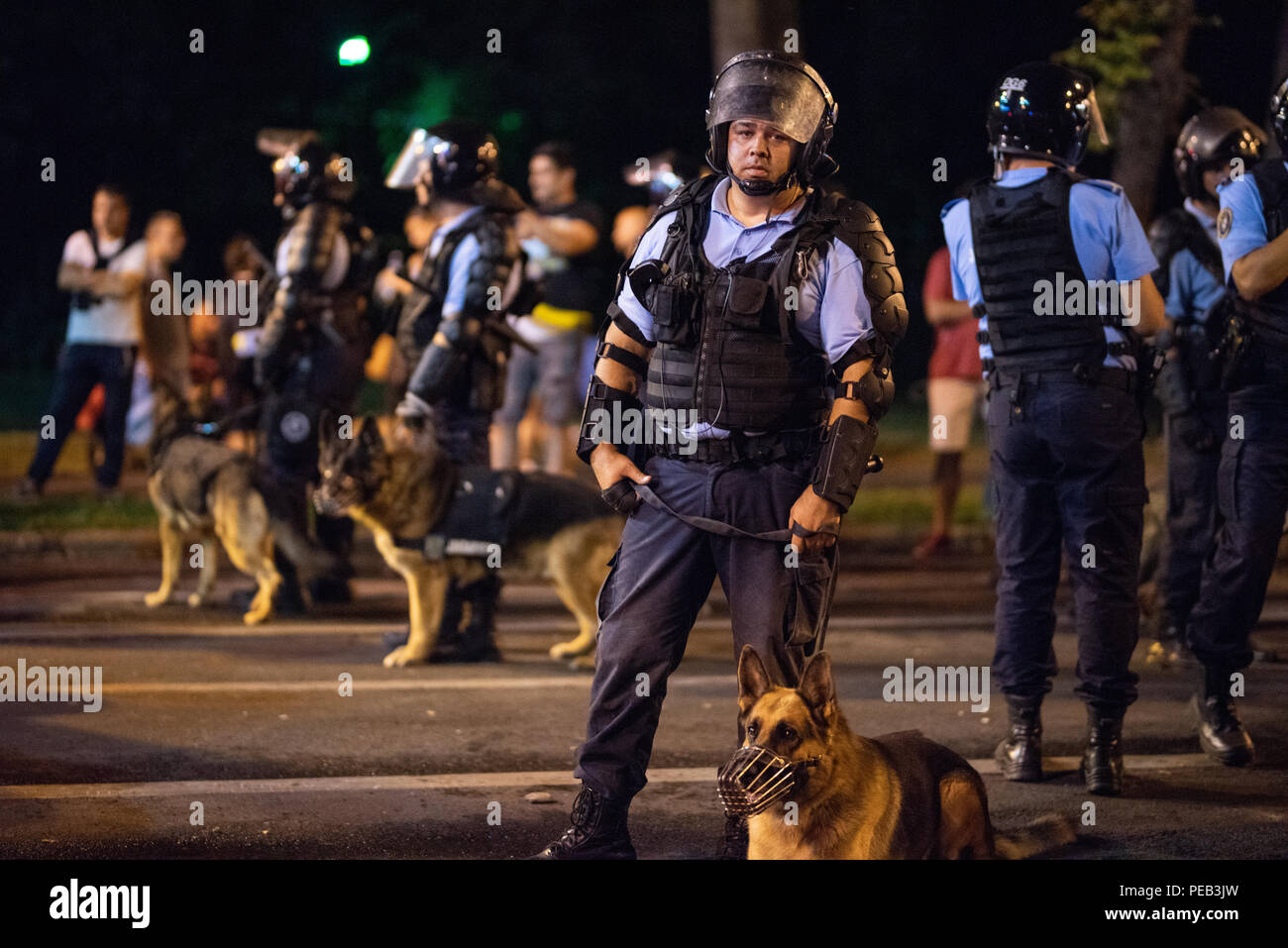 Romania, Bucharest - August 10, 2018: Police officers with trained dogs Stock Photo
