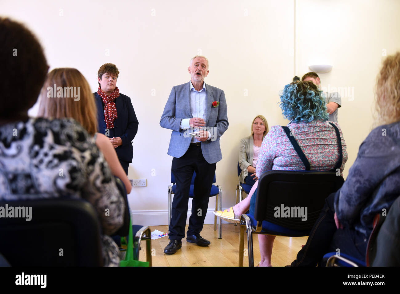 Telford, Shropshire, UK. 13th August, 2018. Labour party leader Jeremy Corbyn MP with Parliamentary Candidate Katrina Gilman addressing local supporters in Coalbrookdale Credit: David Bagnall/Alamy Live News Stock Photo