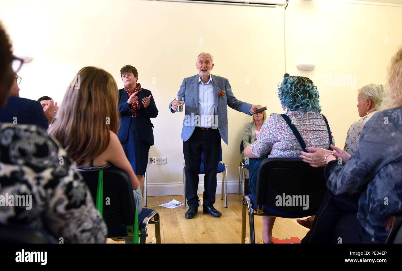Telford, Shropshire, UK. 13th August, 2018. Labour party leader Jeremy Corbyn MP with Parliamentary Candidate Katrina Gilman addressing local supporters in Coalbrookdale, Shropshire. Credit: David Bagnall/Alamy Live News Stock Photo