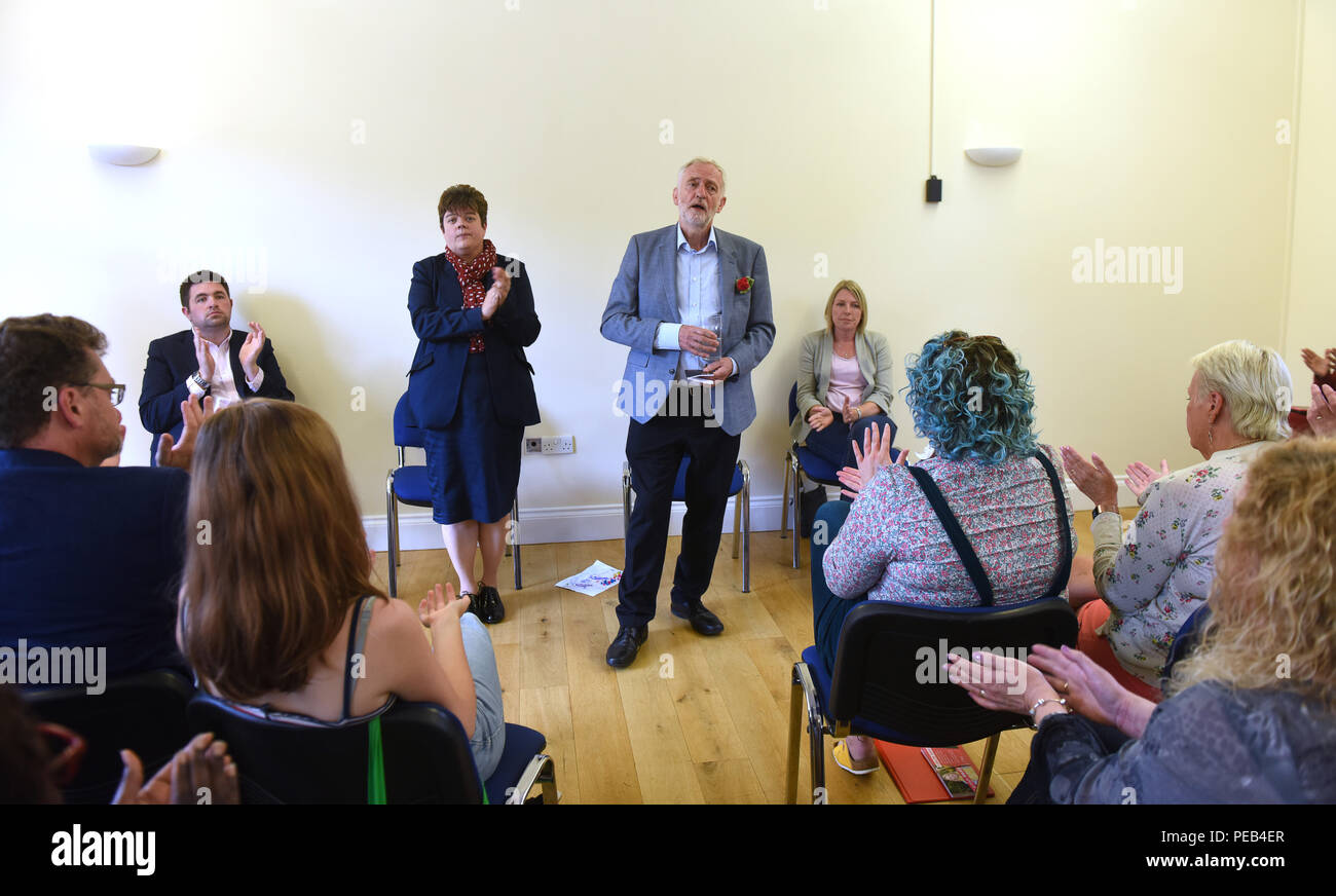 Telford, Shropshire, UK. 13th August, 2018. Labour party leader Jeremy Corbyn MP with Parliamentary Candidate Katrina Gilman addressing local supporters in Coalbrookdale Telford Uk Credit: David Bagnall/Alamy Live News Stock Photo