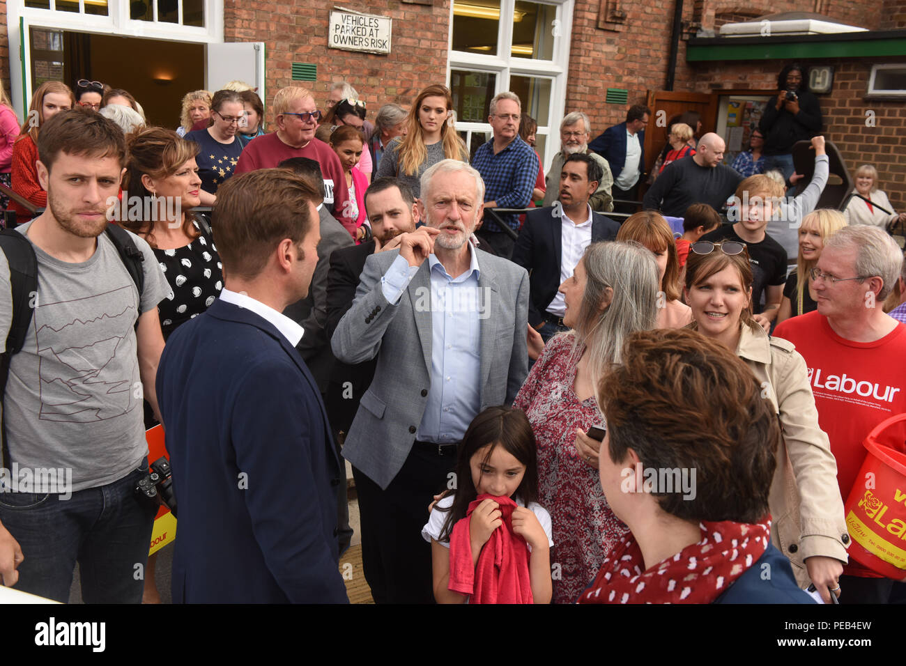 Telford, Shropshire, UK. 13th August, 2018. Labour party leader Jeremy Corbyn MP with local supporters in Coalbrookdale, Telford, Shropshire Credit: David Bagnall/Alamy Live News Stock Photo