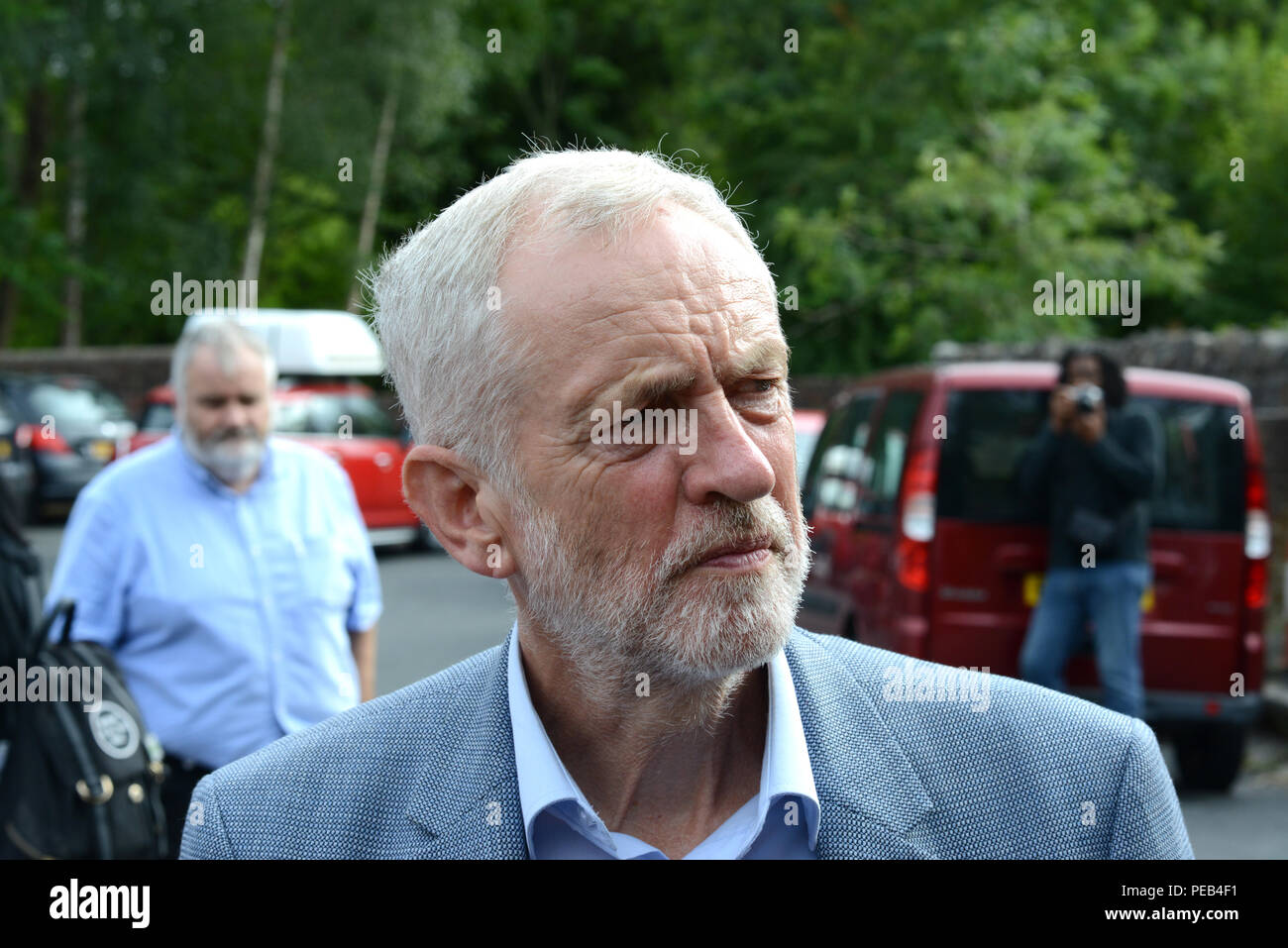 Telford, Shropshire, UK. 13th August, 2018. Labour party leader Jeremy Corbyn MP with local supporters in Coalbrookdale Credit: David Bagnall Stock Photo