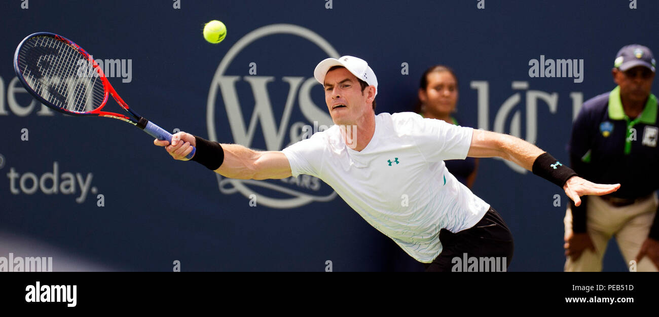 Mason, Ohio, USA. August 13, 2018: Andy Murray (GBR) hits the ball back to Lucas Pouille (FRA) at the Western Southern Open in Brent Clark/Alamy Live News Stock Photo