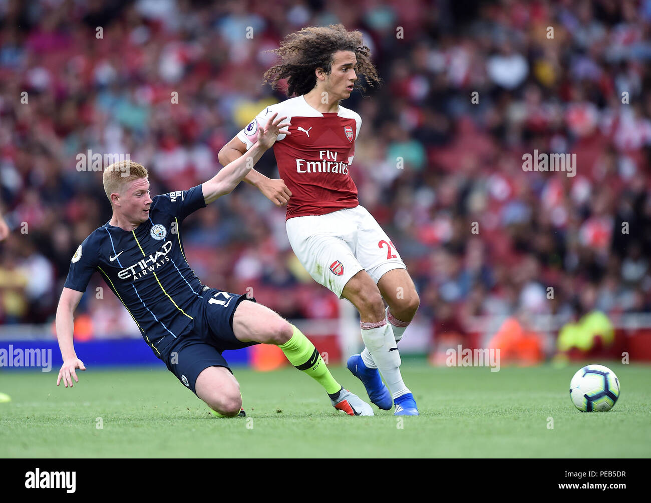 Matteo Guendouzi Of Arsenal Is Challenged By Kevin De Bruyne Of Manchester City Arsenal V Manchester City Arsenal V Manchester City Premier League 12 August 2018 Gbc10804 Premier League 12 08 18 Strictly Editorial Use