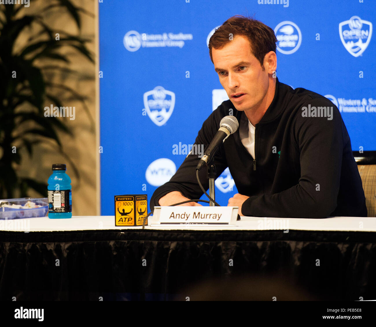Mason, Ohio, USA. August 13, 2018: Andy Murray (GBR) addresses the press after his loss to Lucas Pouille (FRA) at the Western Southern Open in Brent Clark/Alamy Live News Stock Photo