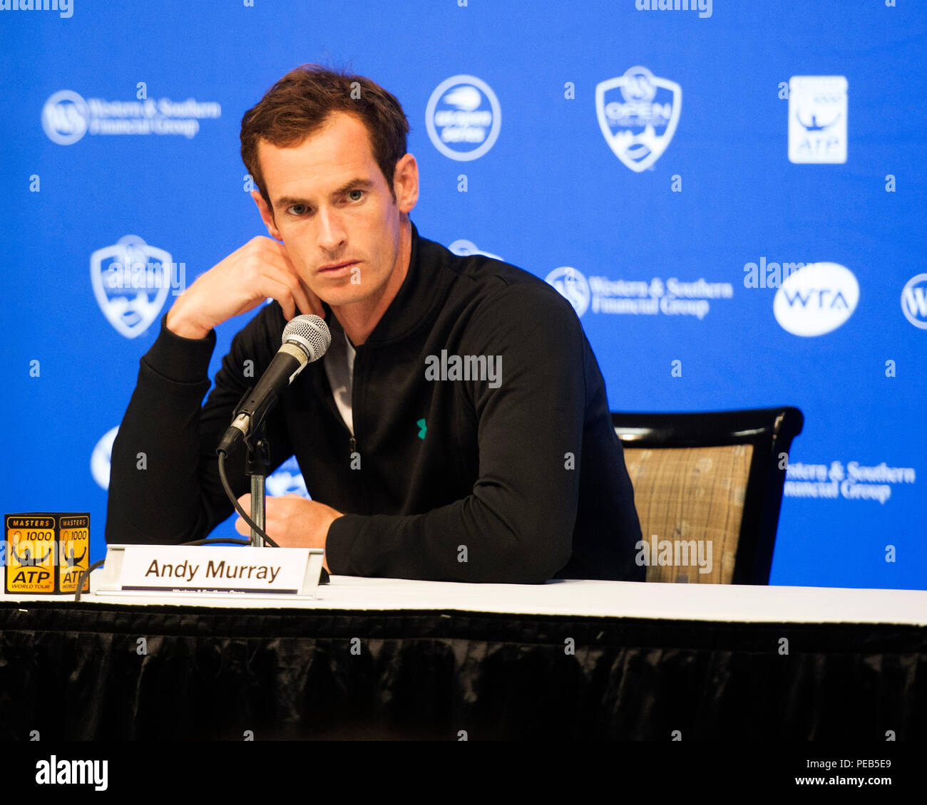 Mason, Ohio, USA. August 13, 2018: Andy Murray (GBR) addresses the press after his loss to Lucas Pouille (FRA) at the Western Southern Open in Brent Clark/Alamy Live News Stock Photo