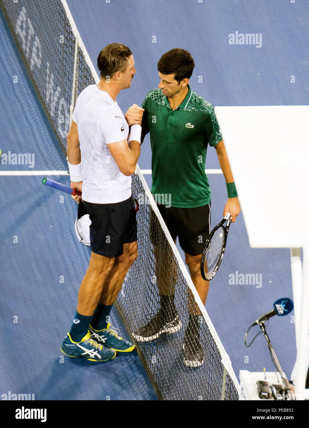 Mason, Ohio, USA. August 13, 2018:  Novak Djokovic (SRB) celebrates his victory over Steve Johnson (USA) match at the Western Southern Open in Brent Clark/Alamy Live News Stock Photo