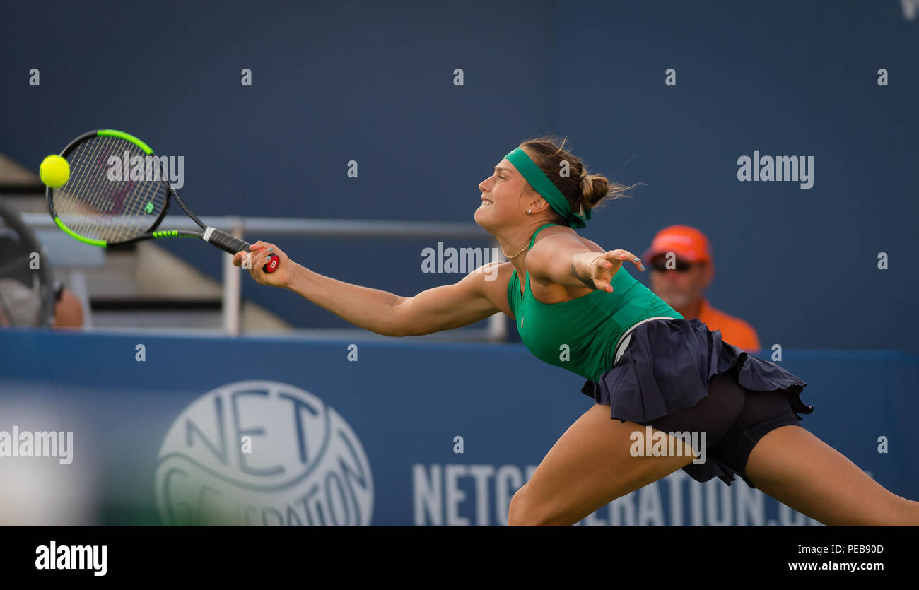 Cincinnati, OH, USA. 13th Aug, 2018. Aryna Sabalenka of Belarus in action during the first round at the 2018 Western & Southern Open WTA Premier 5 tennis tournament. Cincinnati, Ohio, USA, August 13th 2018. Credit: AFP7/ZUMA Wire/Alamy Live News Stock Photo