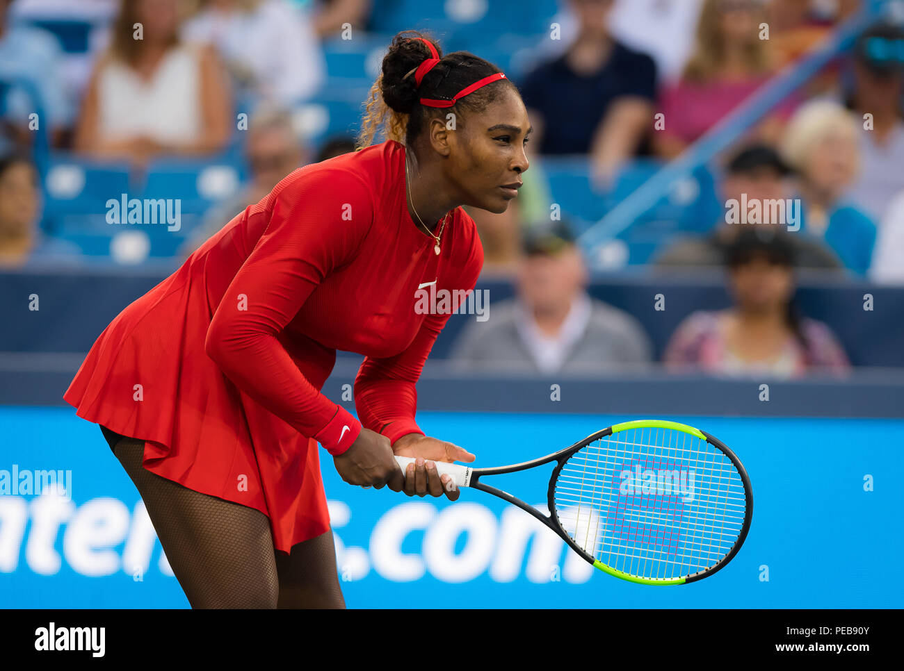 Cincinnati, OH, USA. 13th Aug, 2018. Serena Williams of the United States  in action during her first round match at the 2018 Western & Southern Open WTA  Premier 5 tennis tournament. Cincinnati,
