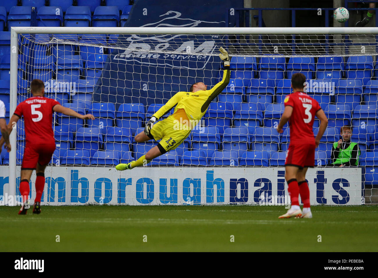 Wirral, UK. 14th Aug 2018. Walsall Goalkeeper Chris Dunn watches as an Oliver Banks of Tranmere Rovers (not in picture) shot goes over his crossbar. Carabao Cup,  1st round match, Tranmere Rovers v Walsall at Prenton Park in Birkenhead, The Wirral on Tuesday 14th August 2018.  this image may only be used for Editorial purposes. Editorial use only, license required for commercial use. No use in betting, games or a single club/league/player publications. pic by Chris Stading/Andrew Orchard sports photography/Alamy Live news Stock Photo