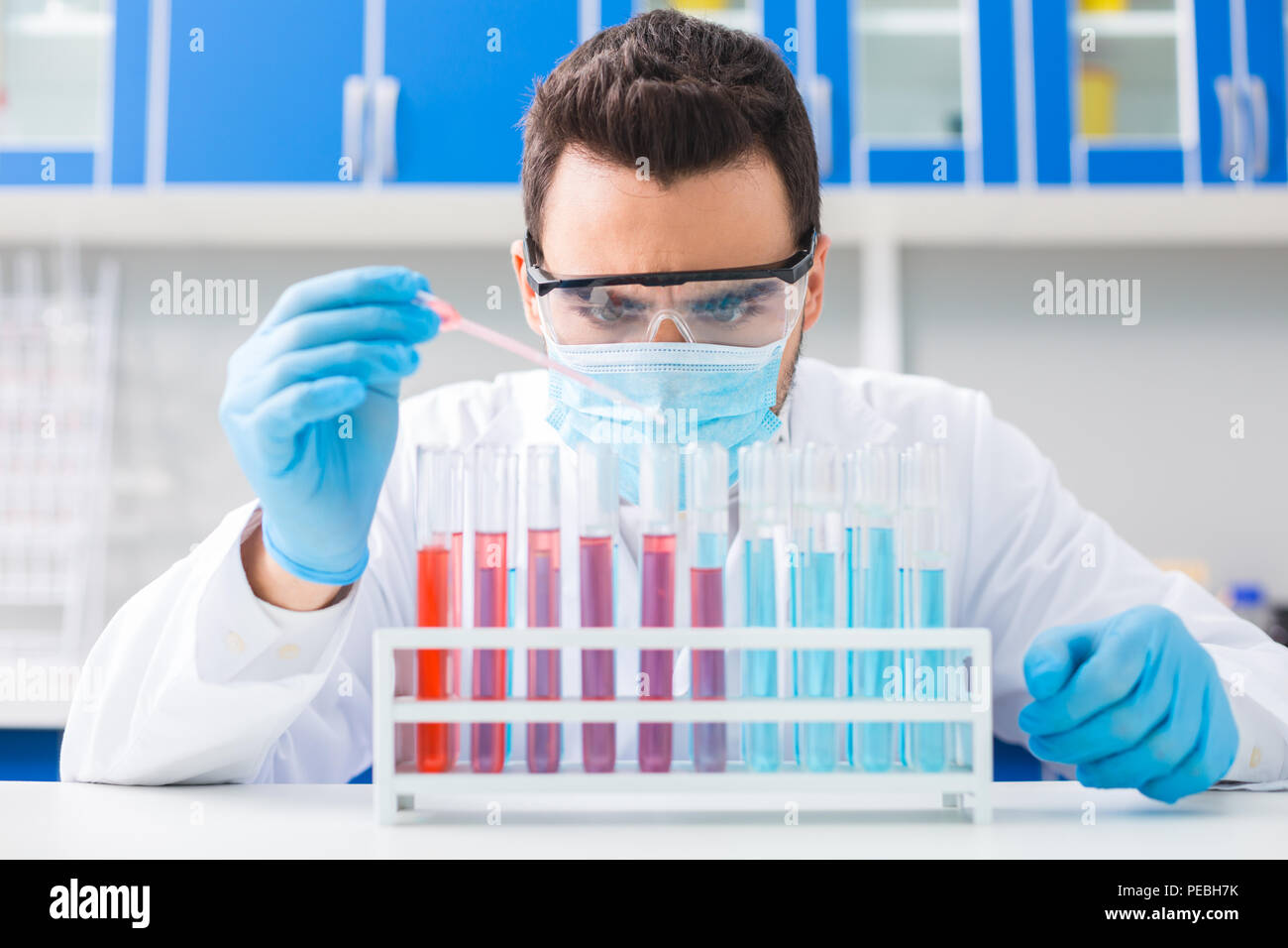 Total concentration. Brunette professional male laboratorian working with pipette for dropping liquid in vials while they placing in stand Stock Photo