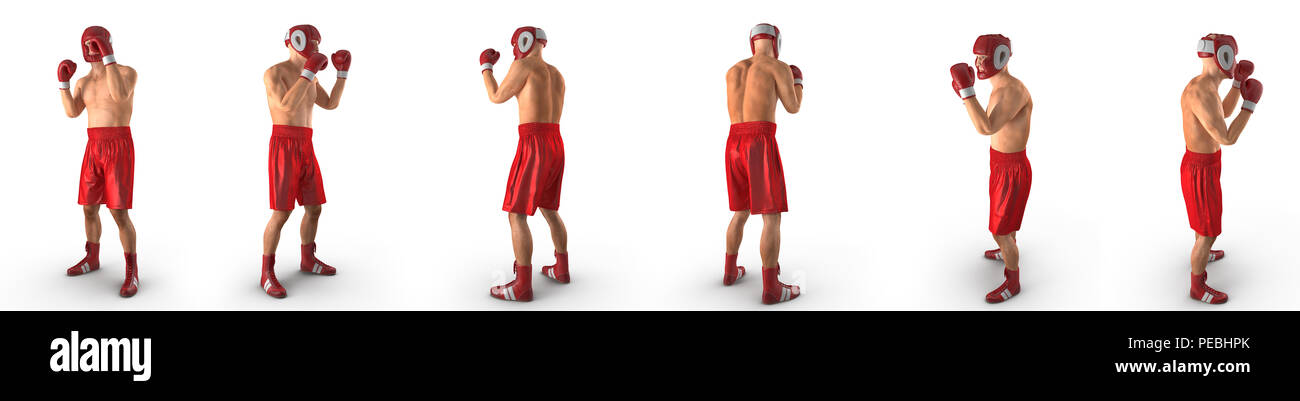 Male boxer renders set from different angles on a white background. 3D illustration Stock Photo