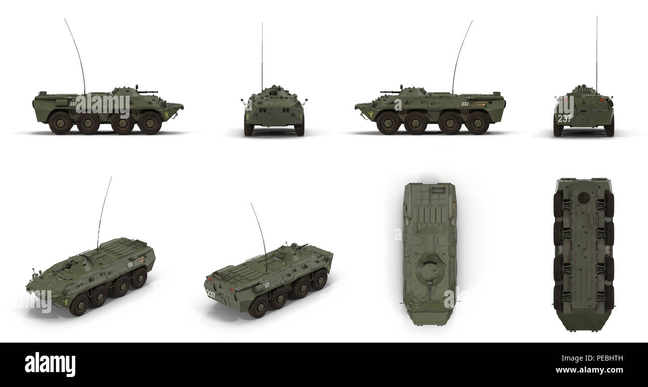 BTR-80 amphibious armoured personnel carrier renders set from different angles on a white. 3D illustration Stock Photo