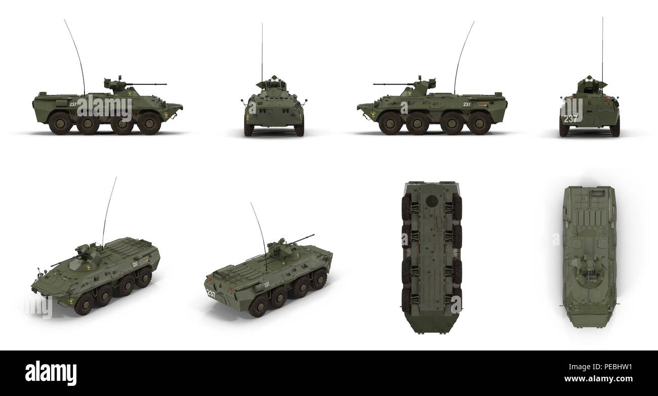 BTR-80 wheeled armoured vehicle personnel carrier renders set from different angles on a white. 3D illustration Stock Photo