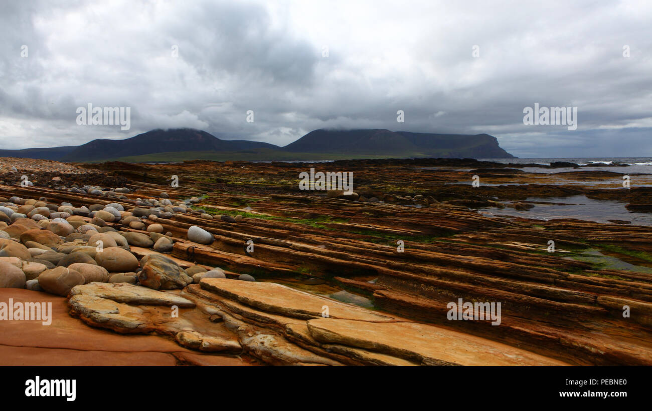 View of Warbeth Bay looking toward Island of Hoy, Orkney Stock Photo