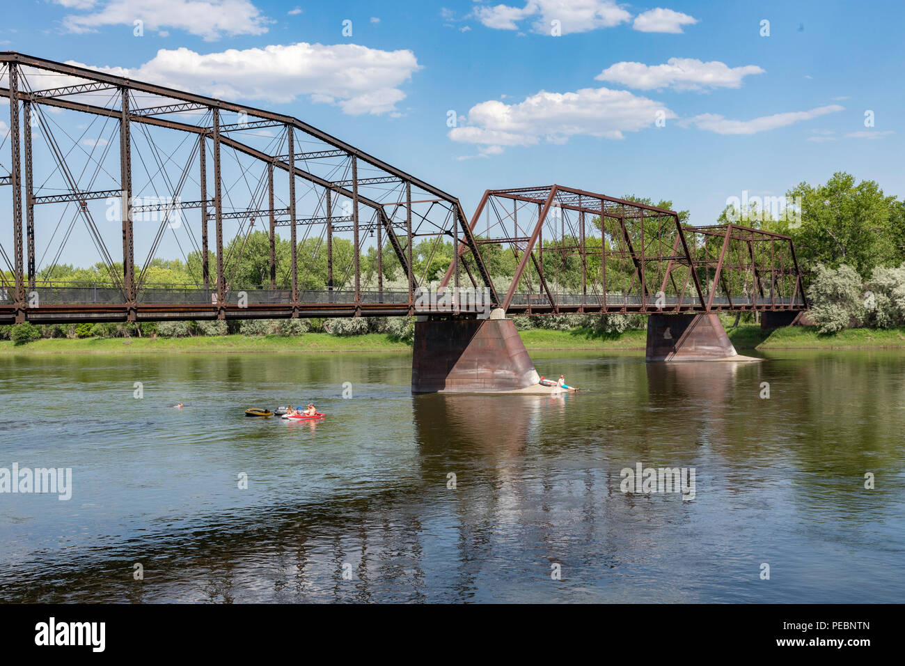 The Walking Bridge across the Missouri River is an Historic Landmark in Fort Benton, Montana, USA Stock Photo