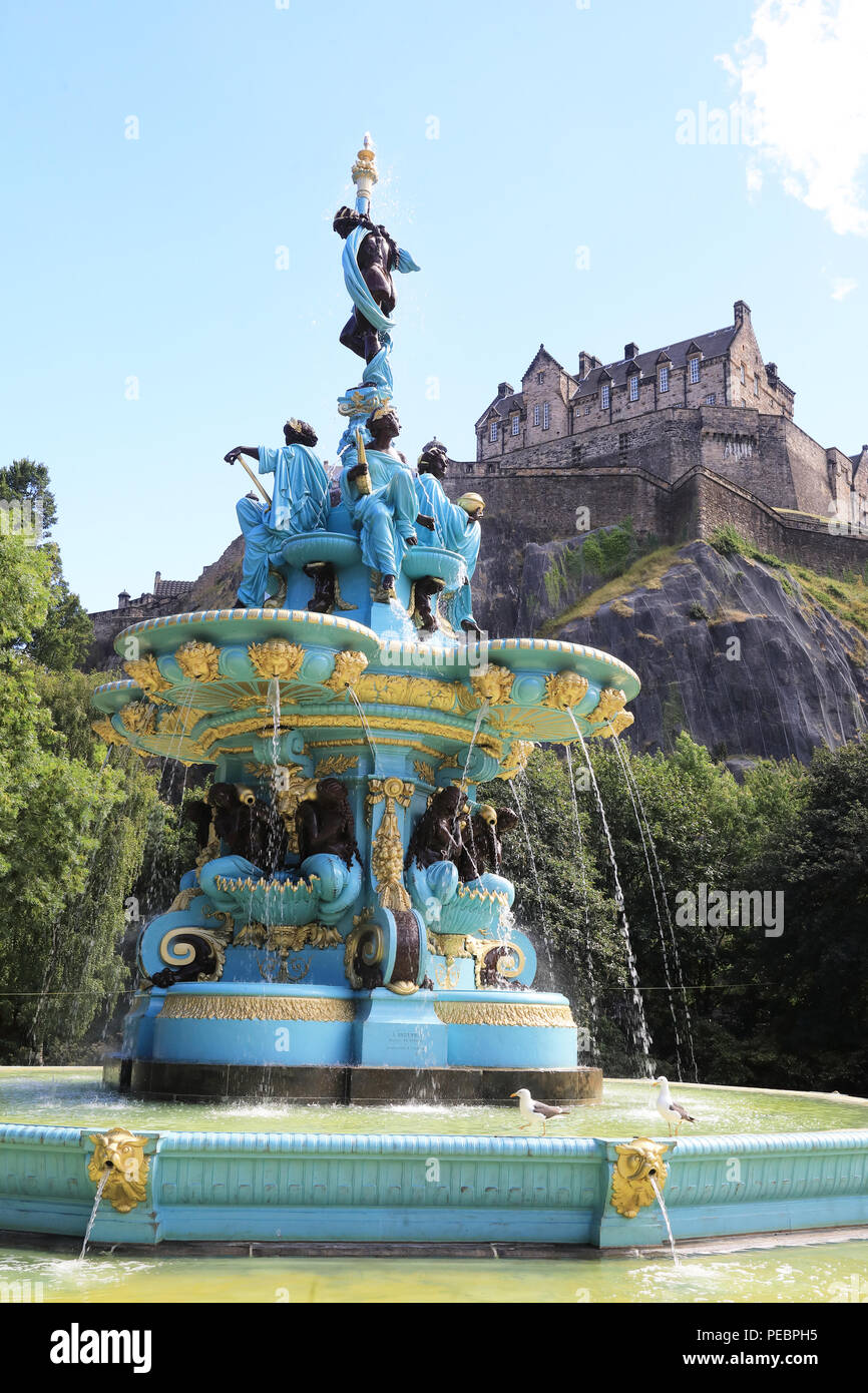 The restored Ross water fountain in west Princes Street Gardens, with Edinburgh Castle behind