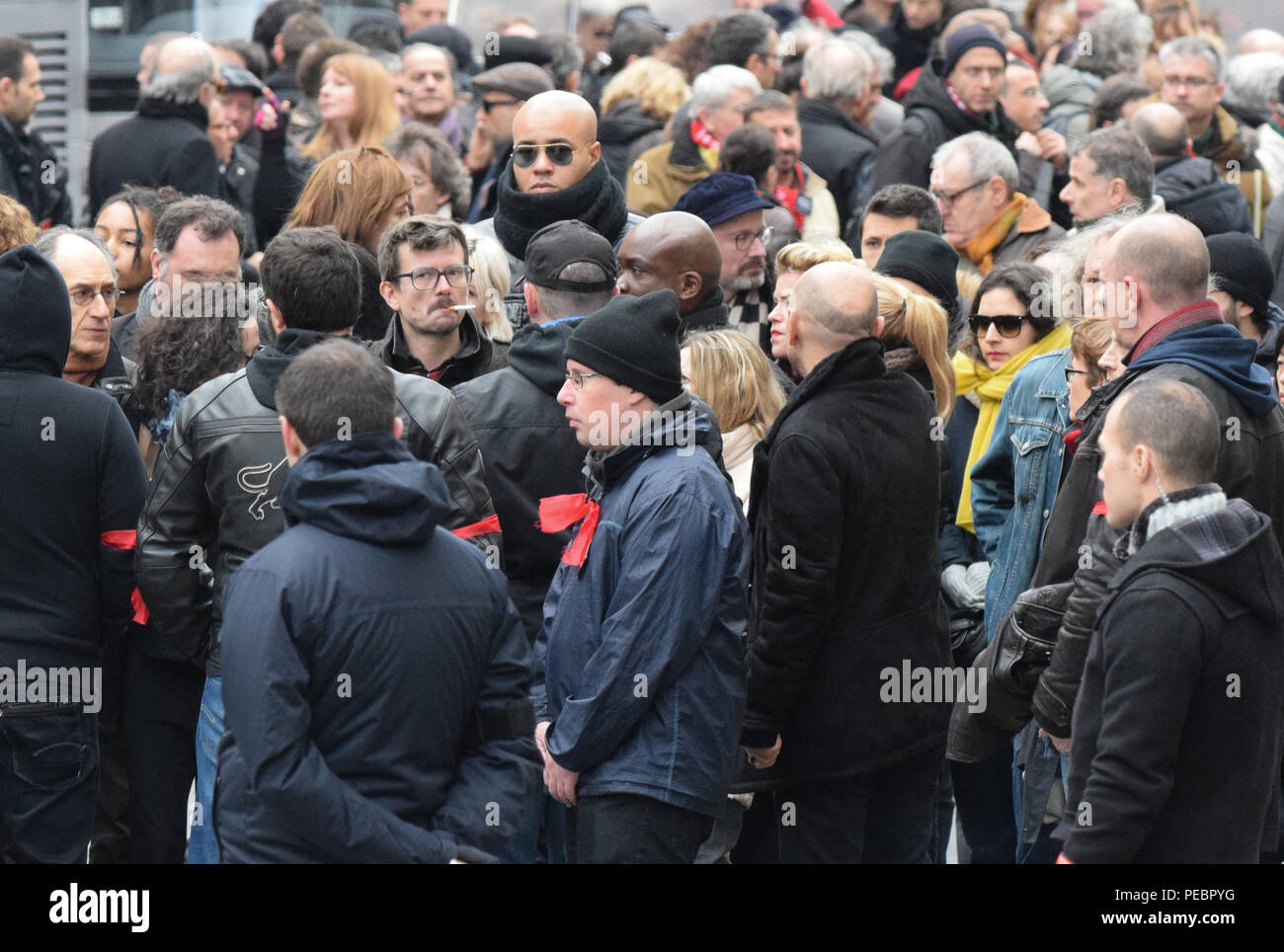 January 11, 2015 - Paris, France:  Family members and close friends of Charlie Hebdo victims, including senior cartoonist Renaud Luzier (known as 'Luz'), attend a mass unity rally following the recent Paris terrorist attacks.  Four million people demonstrated across the country in a 'Marche Republicaine' (Republican March) celebrating the nation's unity in face of terrorist threats. Thousands of people had banners or cartoons referring to Charlie Hebdo, the satirical magazine whose office was targeted by Islamist gunmen earlier in the week. La grande marche republicaine en hommage aux victimes Stock Photo
