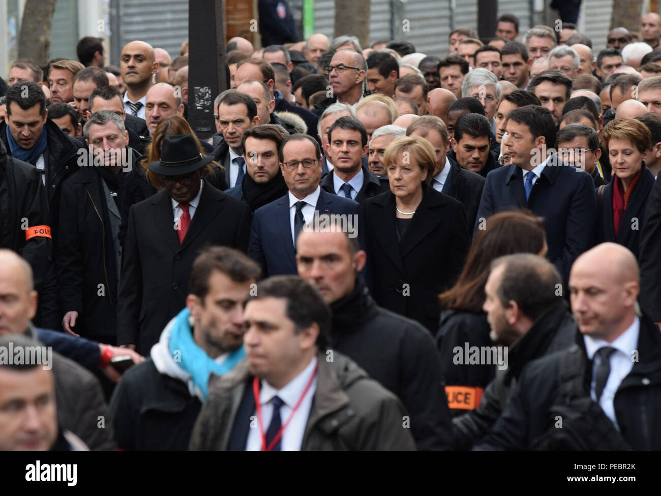January 11, 2015 - Paris, France:  (L-R) Malian president Ibrahim Boubacar Keita, French President Francois Hollande, German chancellor Angela Merkel, Italian Prime minister Matteo Renzi take part in a march to support Freedom of expression and protest against terrorism in the French capital after three days of terror left 17 people dead. Four million people demonstrated across the country in a 'Marche Republicaine' (Republican March) celebrating the nation's unity in face of terrorist threats. La grande marche republicaine en hommage aux victimes de l'attentat contre Charlie Hebdo a rassemble Stock Photo