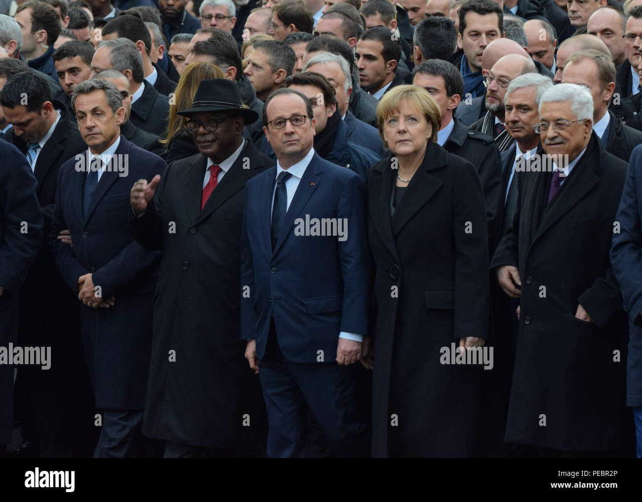 January 11, 2015 - Paris, France:  (L-R) Former French president Nicolas Sarkozy, Malian president Ibrahim Boubacar Keita, French President Francois Hollande, German chancellor Angela Merkel, Palestinian president Mahmoud Abbas take part in a march to support Freedom of expression and protest against terrorism in the French capital after three days of terror left 17 people dead. Four million people demonstrated across the country in a 'Marche Republicaine' (Republican March) celebrating the nation's unity in face of terrorist threats. La grande marche republicaine en hommage aux victimes de l' Stock Photo
