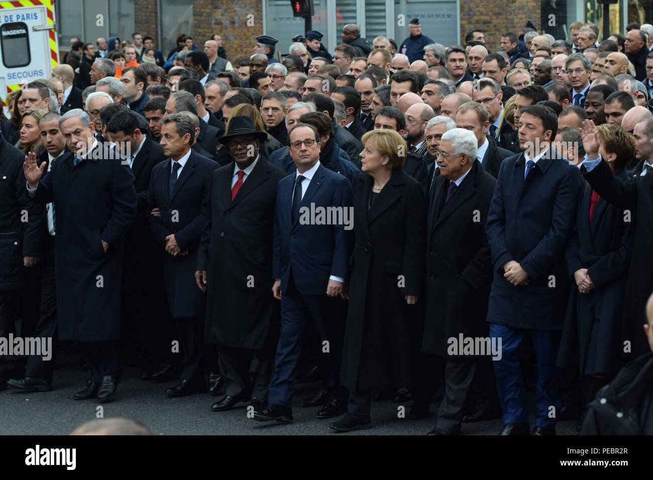 January 11, 2015 - Paris, France:  (L-R) Israeli Prime minister Benjamin Netanyahu, former French president Nicolas Sarkozy, Malian president Ibrahim Boubacar Keita, French President Francois Hollande, German chancellor Angela Merkel, Palestinian president Mahmoud Abbas and Italian Prime minister Matteo Renzi take part in a march to support Freedom of expression and protest against terrorism in the French capital after three days of terror left 17 people dead. Four million people demonstrated across the country in a 'Marche Republicaine' (Republican March) celebrating the nation's unity in fac Stock Photo