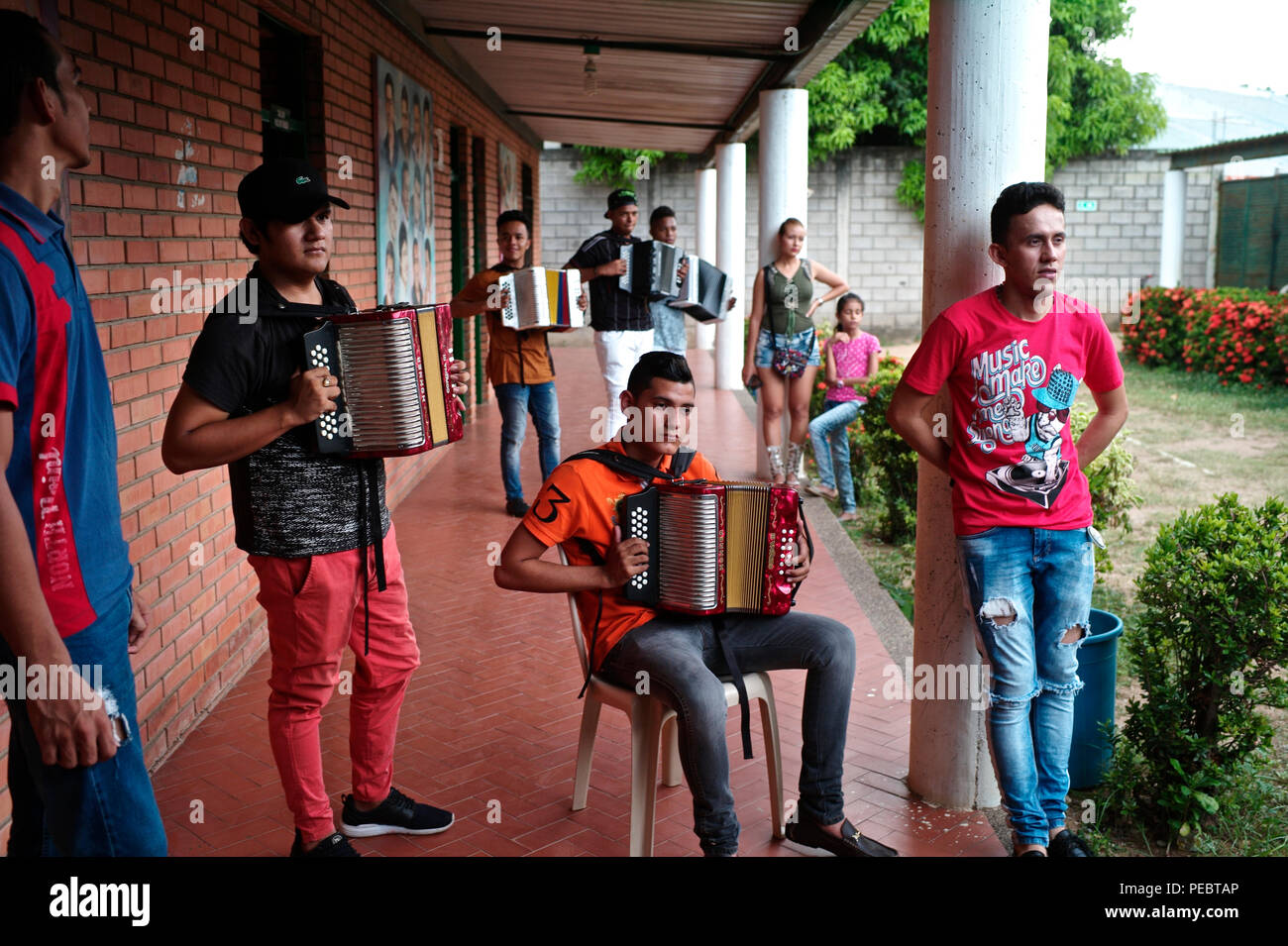 Andres ‘Turco’ Gil’s accordion academy trains young children in the music of vallenato, many of them are refugees from violence or live in poverty Stock Photo