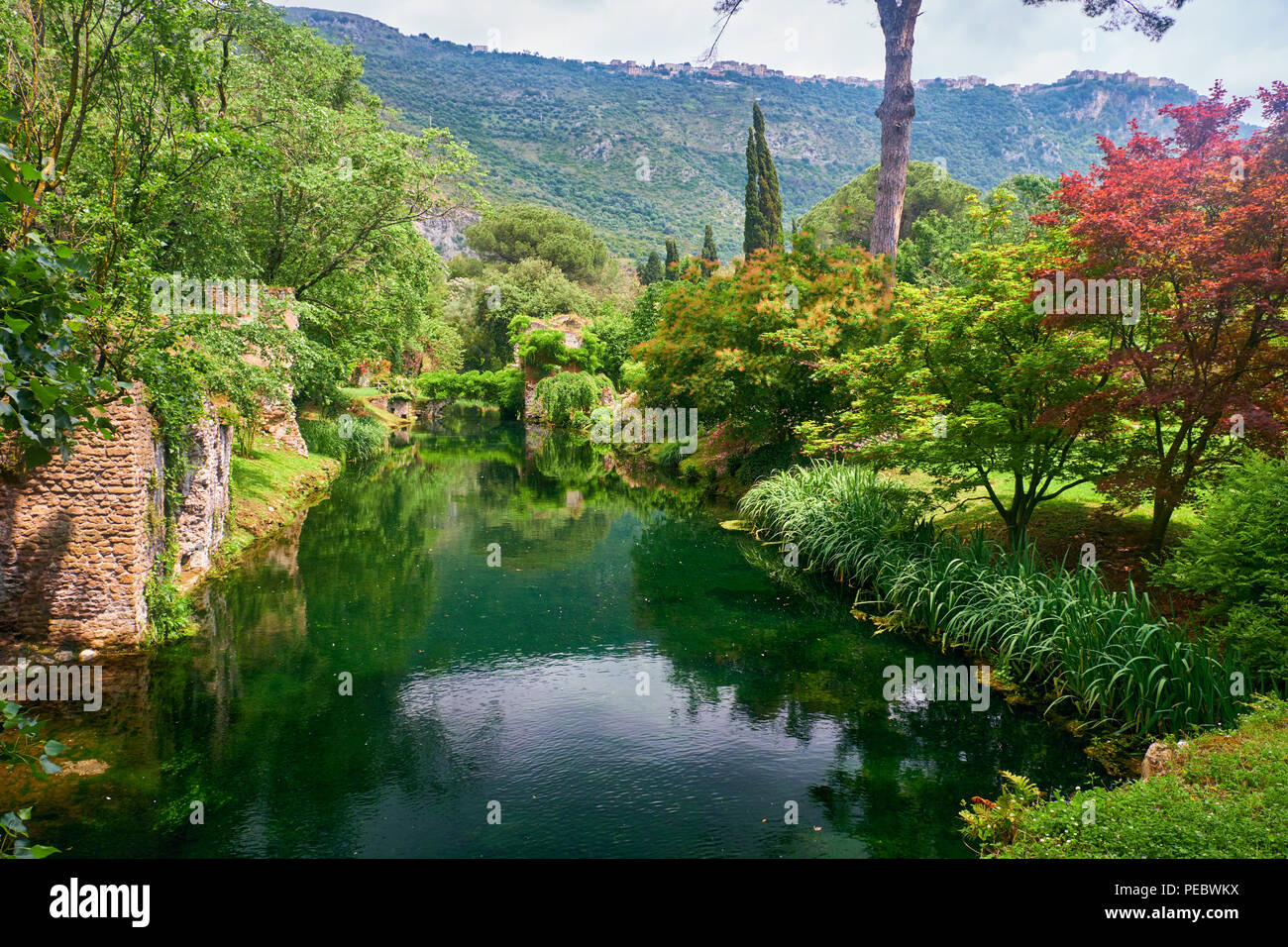 Creek in a Garden with Historic Ruins, Nimfa Garden, Cisterna di Latina, Italy Stock Photo