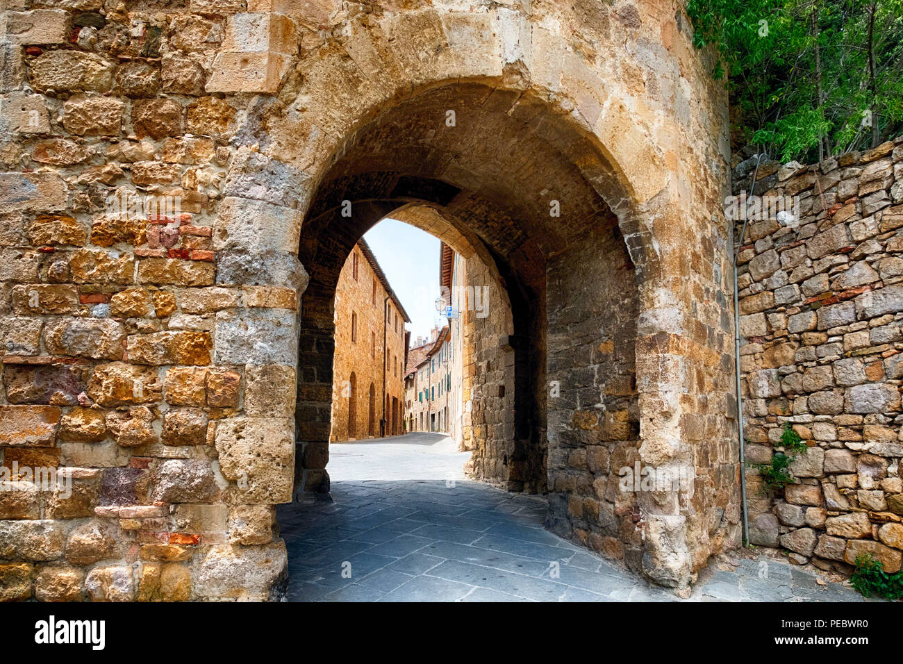 Entrance Gate of San Quirico d' Orcia, Tuscany, Italy Stock Photo