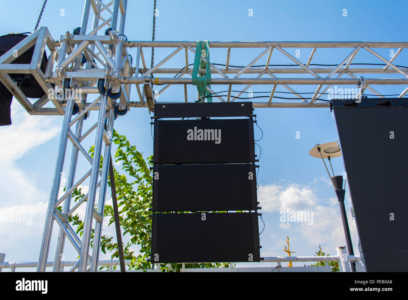 Setting of stage sound equipment. Powerful stage concerto industrial audio speakers Stock Photo