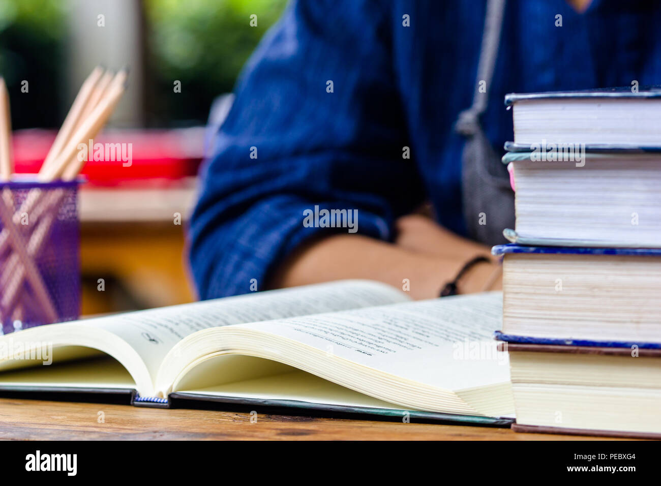 Education concept : Cropped of student reading a book background Stock ...